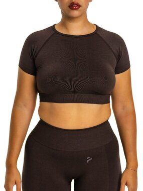 Chocolate Brown Seamless Sculpting Crop Top Short Sleeve Workout Gym Athleisure